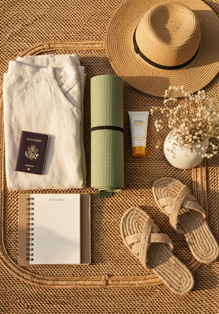 Neatly arranged yoga retreat essentials including mat, journal, and travel items